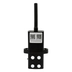 Black Wi-Fi monitoring module with antenna and four white indicator lights, QR codes for app download visible on label.