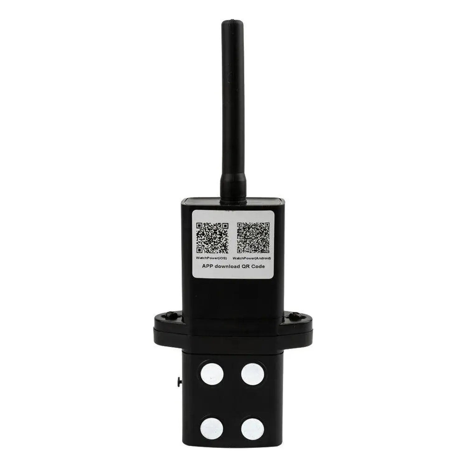 Black Wi-Fi monitoring module with antenna and four white indicator lights, QR codes for app download visible on label.