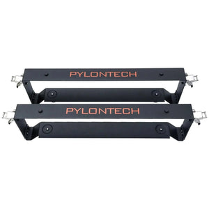 Two black Pylontech mounting brackets stacked vertically, each with metal corner brackets and rubber padding for battery inst
