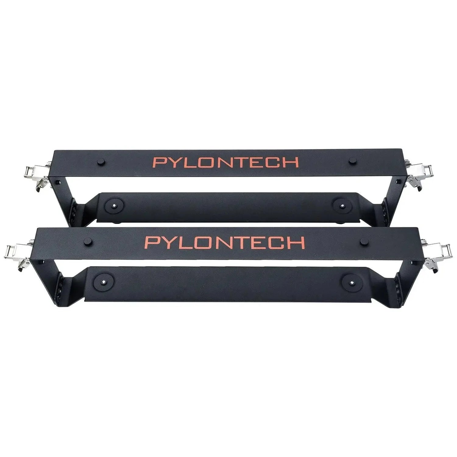 Two black Pylontech mounting brackets stacked vertically, each with metal corner brackets and rubber padding for battery inst