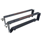 Pylontech black steel mounting brackets with orange branding, shown as a pair with metal clamps and mounting hardware.