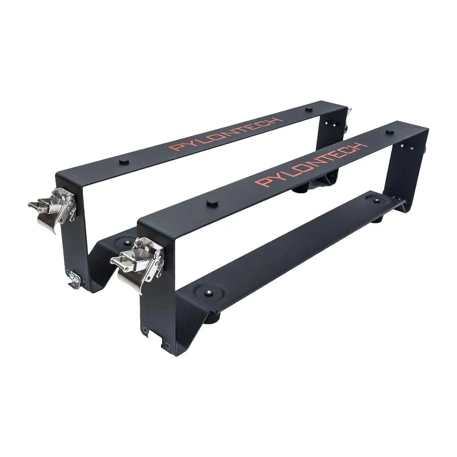 Pylontech black metal mounting brackets with red text, featuring dual vertical supports and silver locking clamps on ends, pr