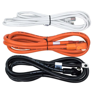 Three coiled electrical cables in white, orange, and black displayed against white background, showing RJ45 connectors and po