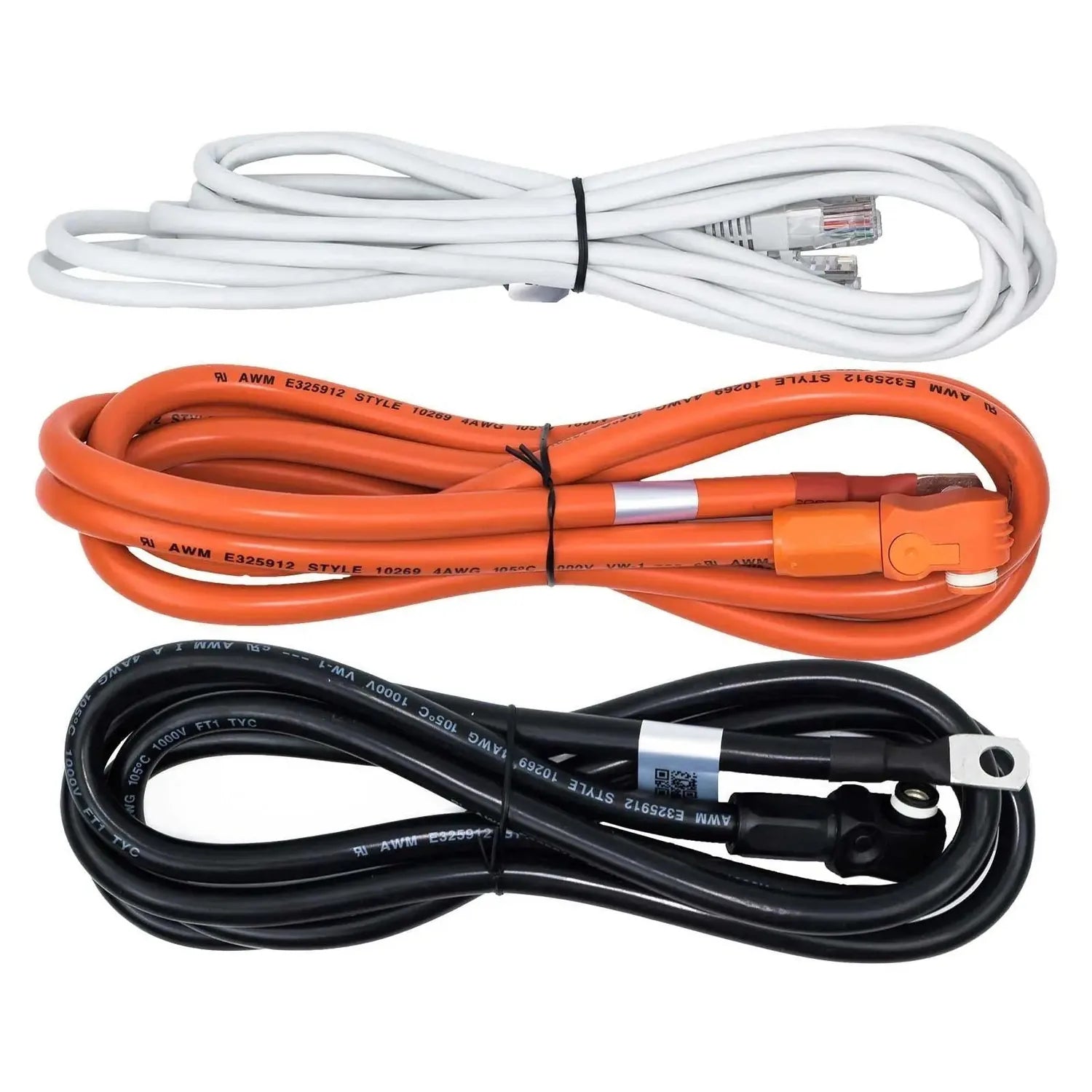Three coiled electrical cables in white, orange, and black displayed against white background, showing RJ45 connectors and po