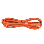 Orange power cable coiled with metal connector, labeled with AWM E325912 specifications and black tie closure.