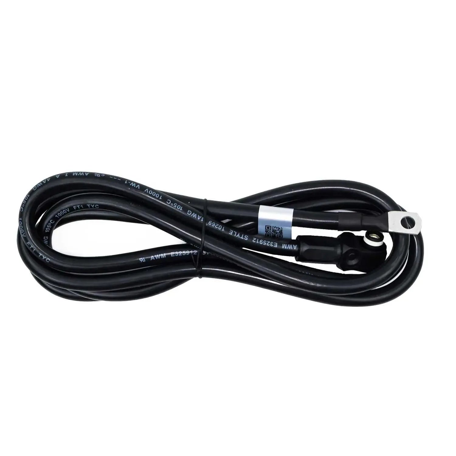 Black coiled power cable with metal connectors and white label band showing specifications, displayed against white backgroun