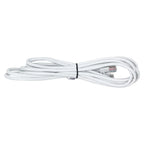 White coiled ethernet cable with RJ45 connectors bundled with black tie against white background.