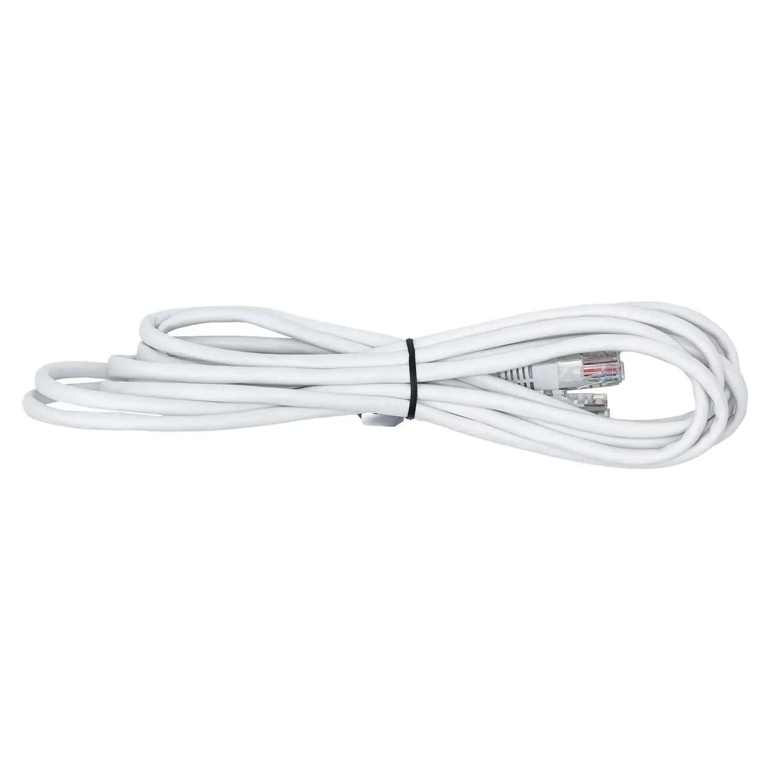 White coiled ethernet cable with RJ45 connectors bundled with black tie against white background.