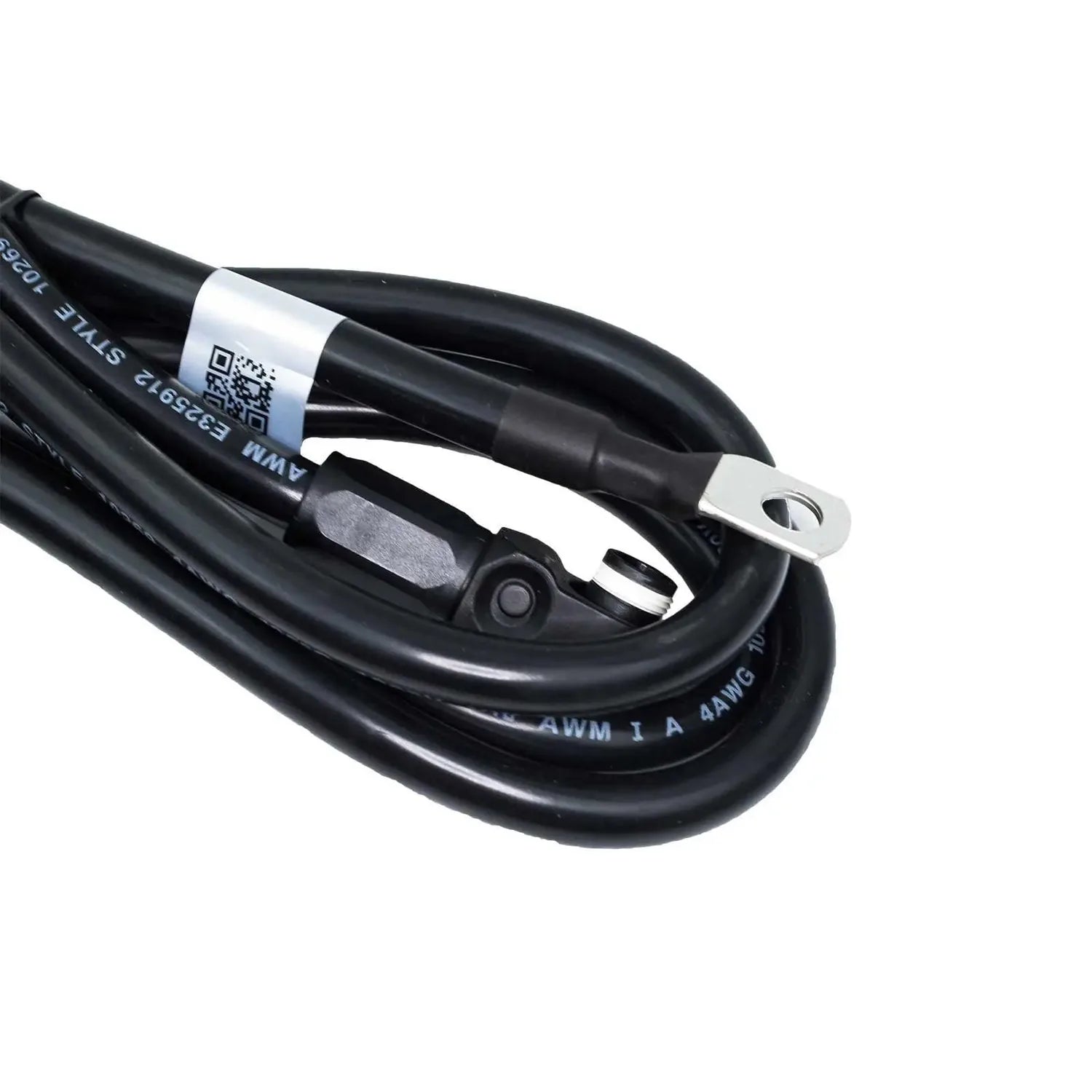 Black battery cable with white label band and QR code, showing 25mm² conductor and RJ45 connector end detail.