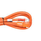 Coiled orange battery cable with metal lug connector and orange RJ45 BMS communication connector on white background.