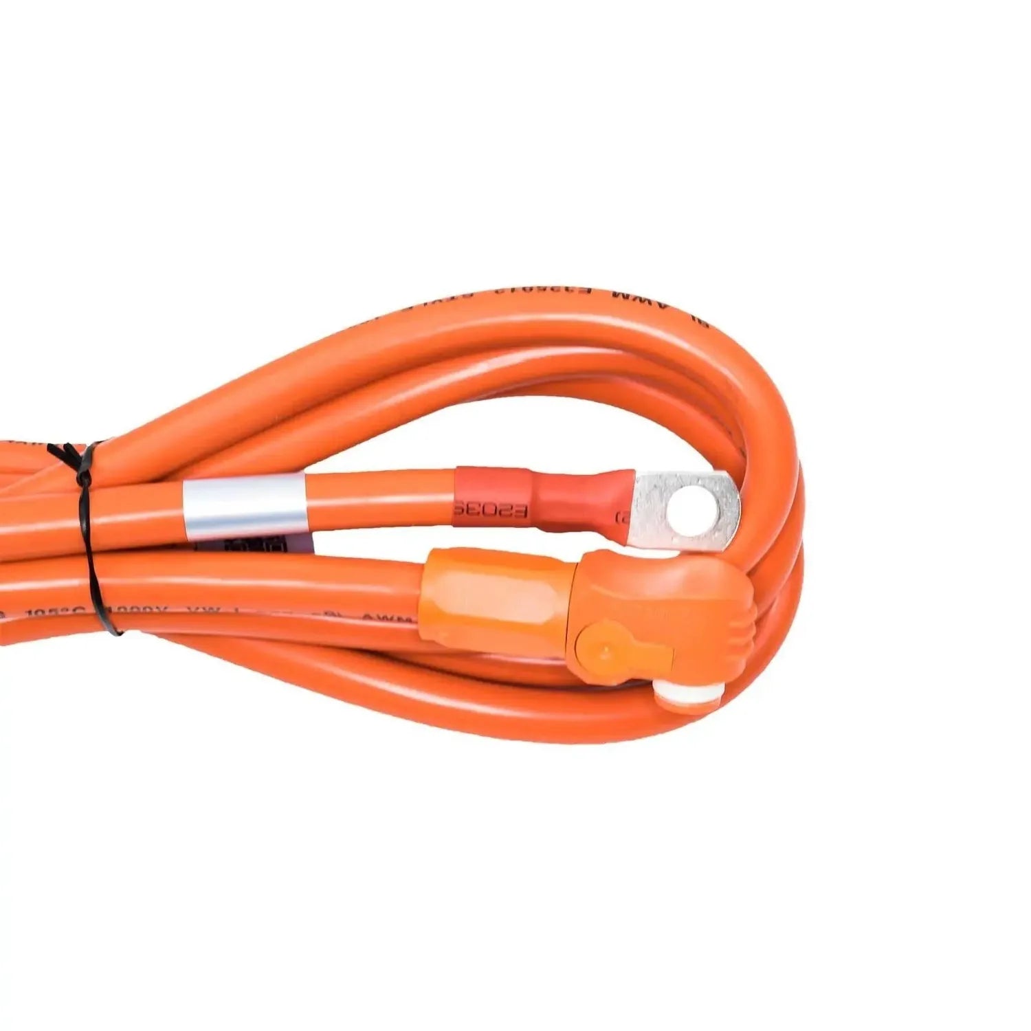 Coiled orange battery cable with metal lug connector and orange RJ45 BMS communication connector on white background.
