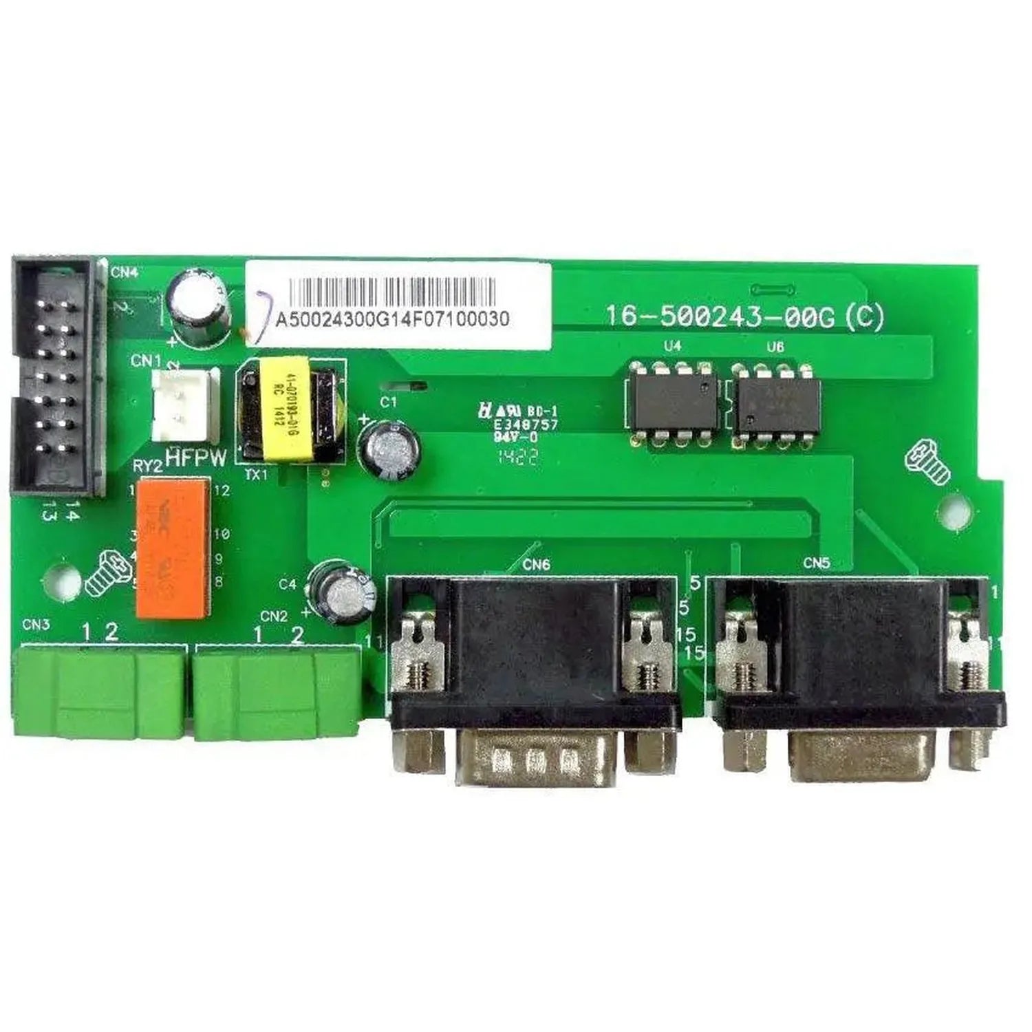 Green circuit board with connectors, capacitors, and IC chips labeled 16-500243-00G for Axpert inverter parallel kit.