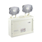 White dual-head emergency lighting unit with two rectangular LED spotlights mounted on top, control panel with Test, Charge, 