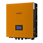 Voltacon Energy Systems 10kW hybrid solar inverter, orange front panel with touchscreen display and black side components.