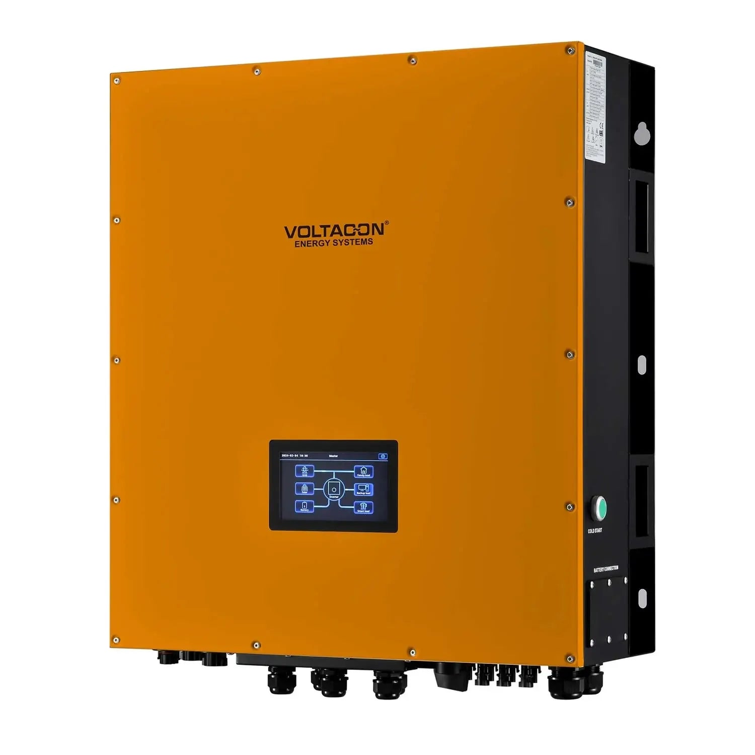 Voltacon Energy Systems 10kW hybrid solar inverter, orange front panel with touchscreen display and black side components.