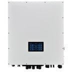 Front view of white 10kW hybrid solar inverter with digital touchscreen display and black connection terminals at bottom.