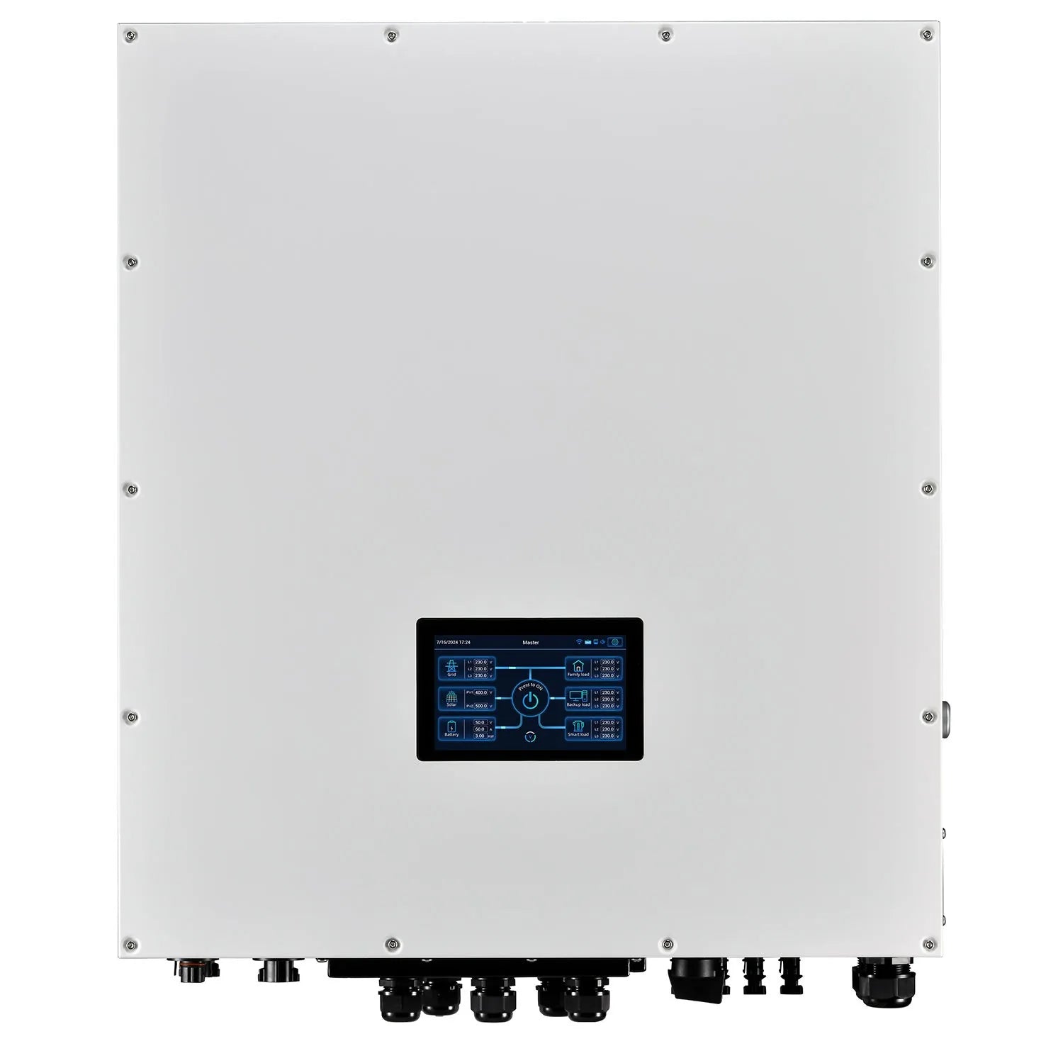 Front view of white 10kW hybrid solar inverter with digital touchscreen display and black connection terminals at bottom.