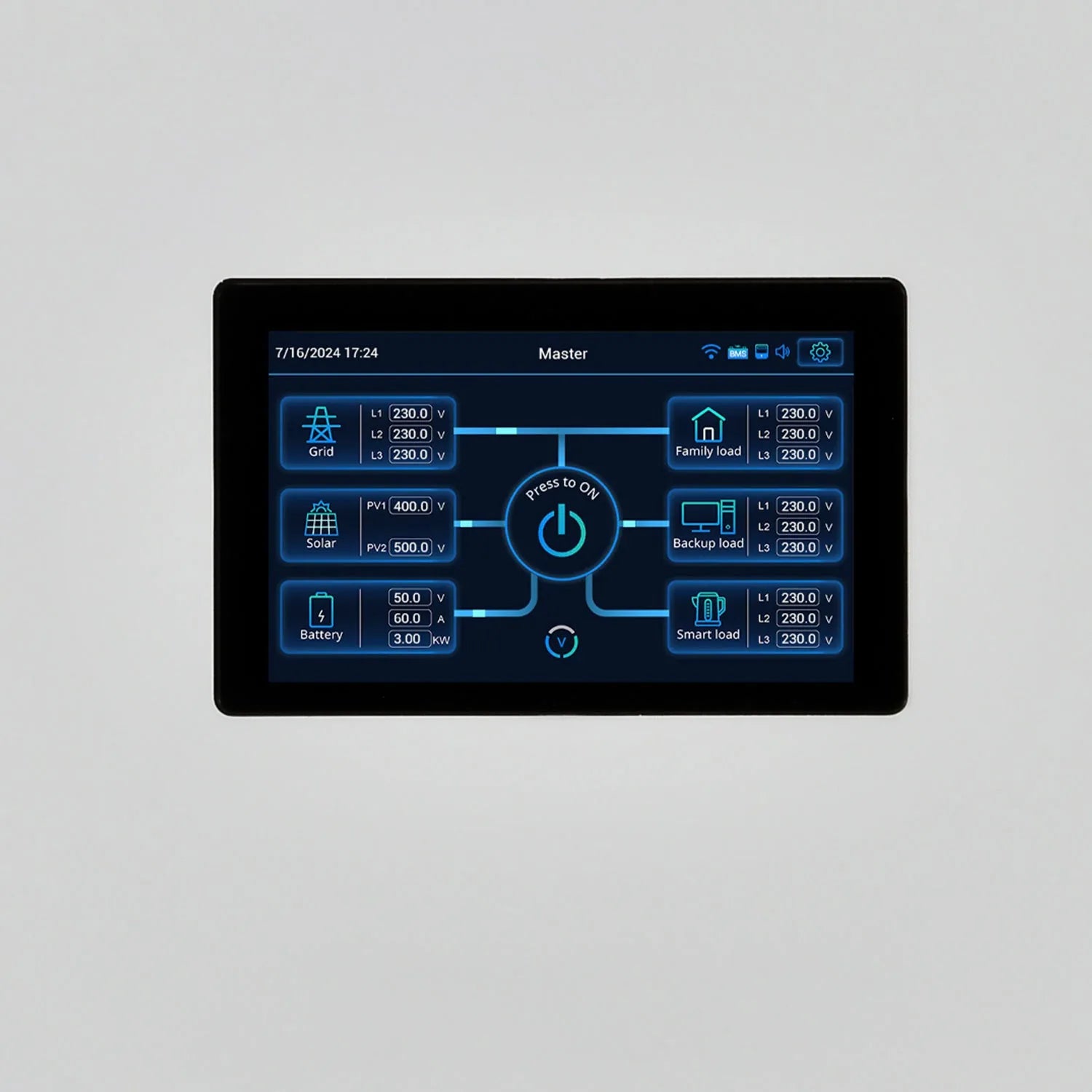 Digital display screen showing hybrid solar inverter system interface with grid, solar, battery, and load monitoring in real-