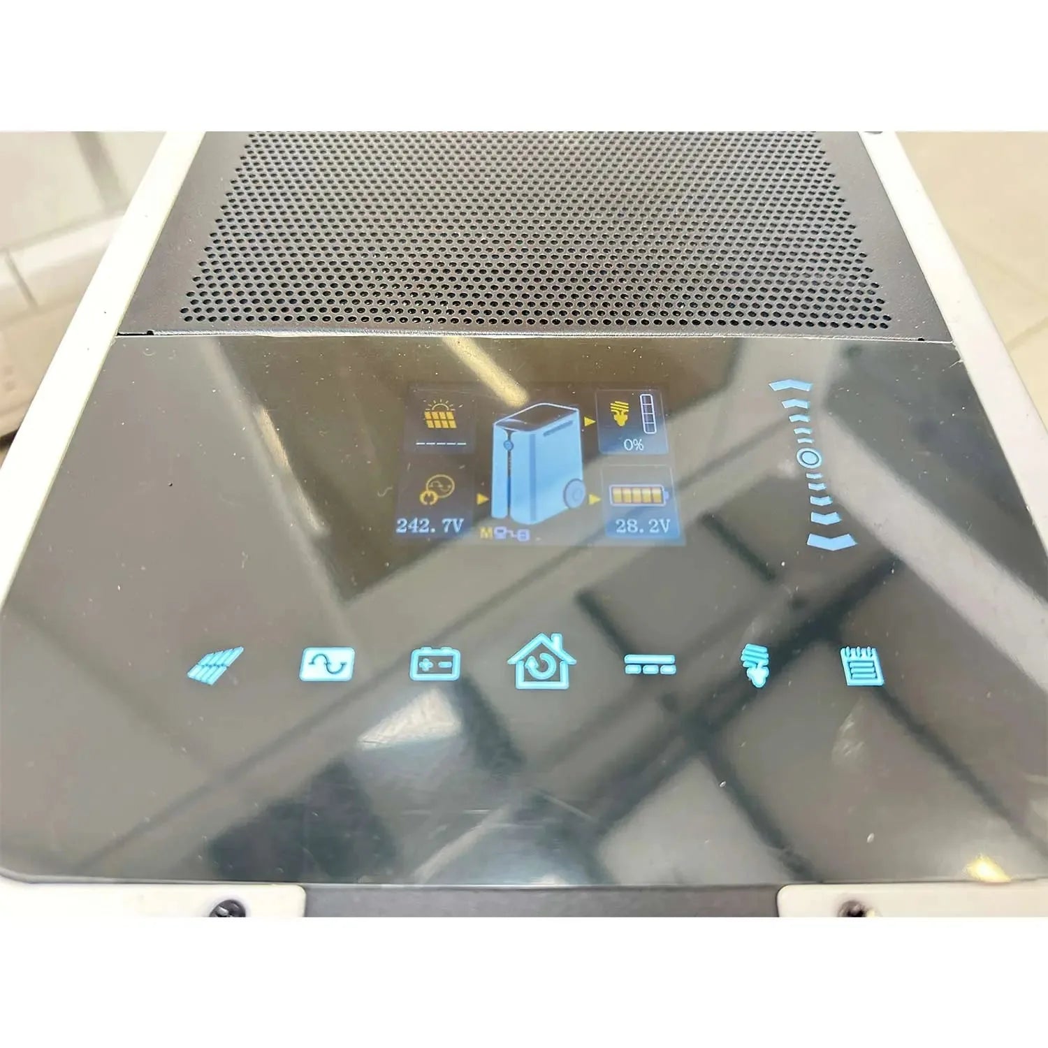 Voltabank power station display screen showing battery status, voltage readings of 242.7V and 28.2V, Wi-Fi connectivity icon,