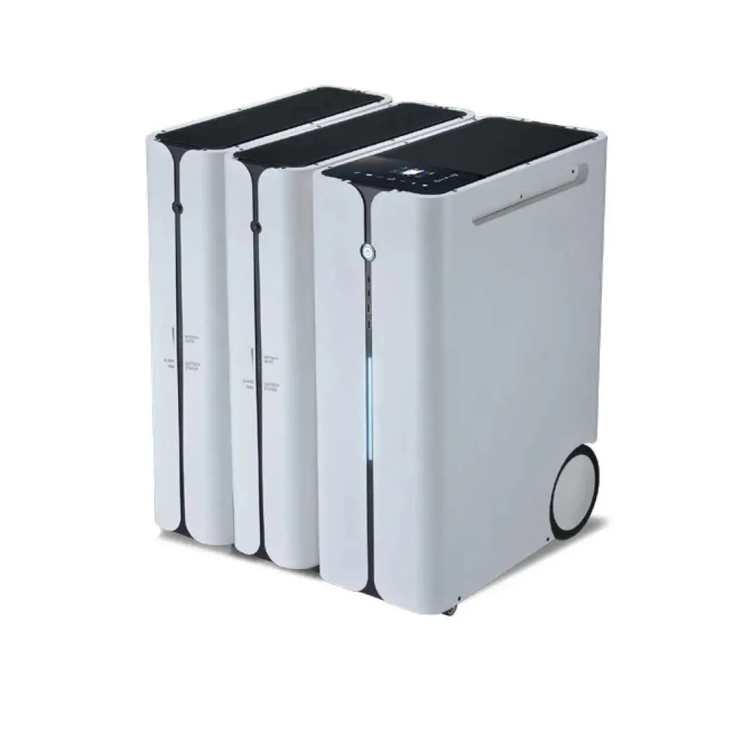 Three white portable power stations with black tops and carrying handles arranged side by side, product display shot.