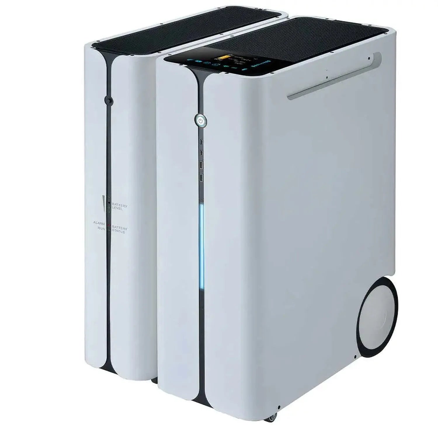White portable power station with dual black tops and control panel, featuring wheels and battery status indicator strip.