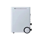 Back view of white Voltabank portable power station showing rear panel with casters and control wheel.