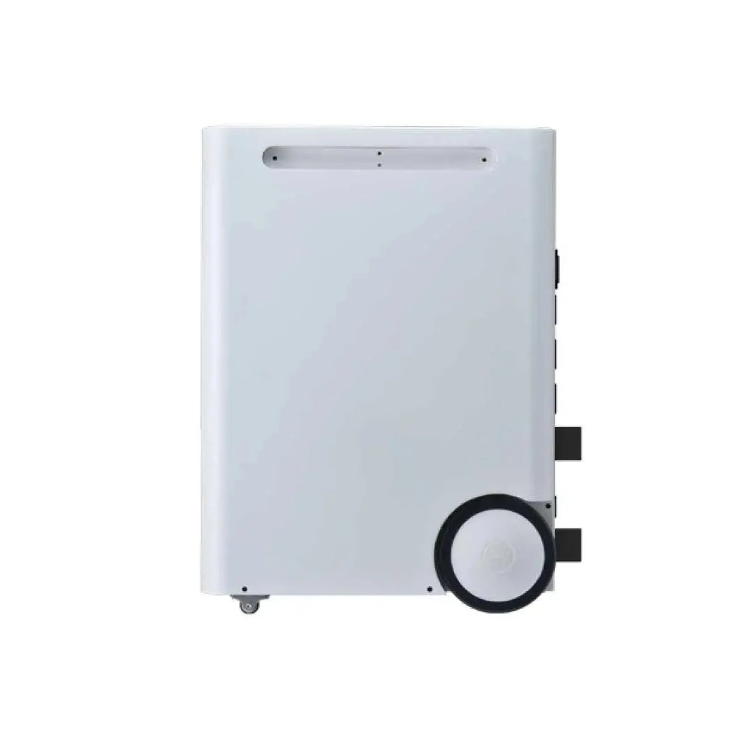 Back view of white Voltabank portable power station showing rear panel with casters and control wheel.