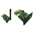 Two Wi-Fi monitoring cards for hybrid inverters shown at angles, displaying green circuit boards with gold connectors and bla