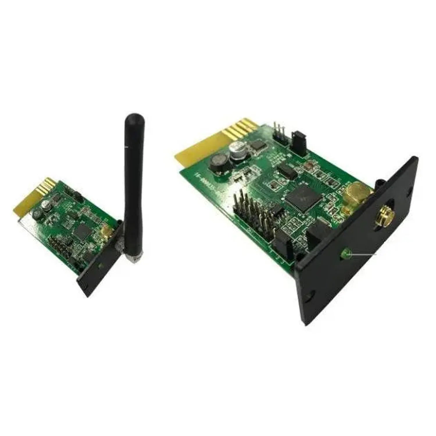 Two Wi-Fi monitoring cards for hybrid inverters shown at angles, displaying green circuit boards with gold connectors and bla