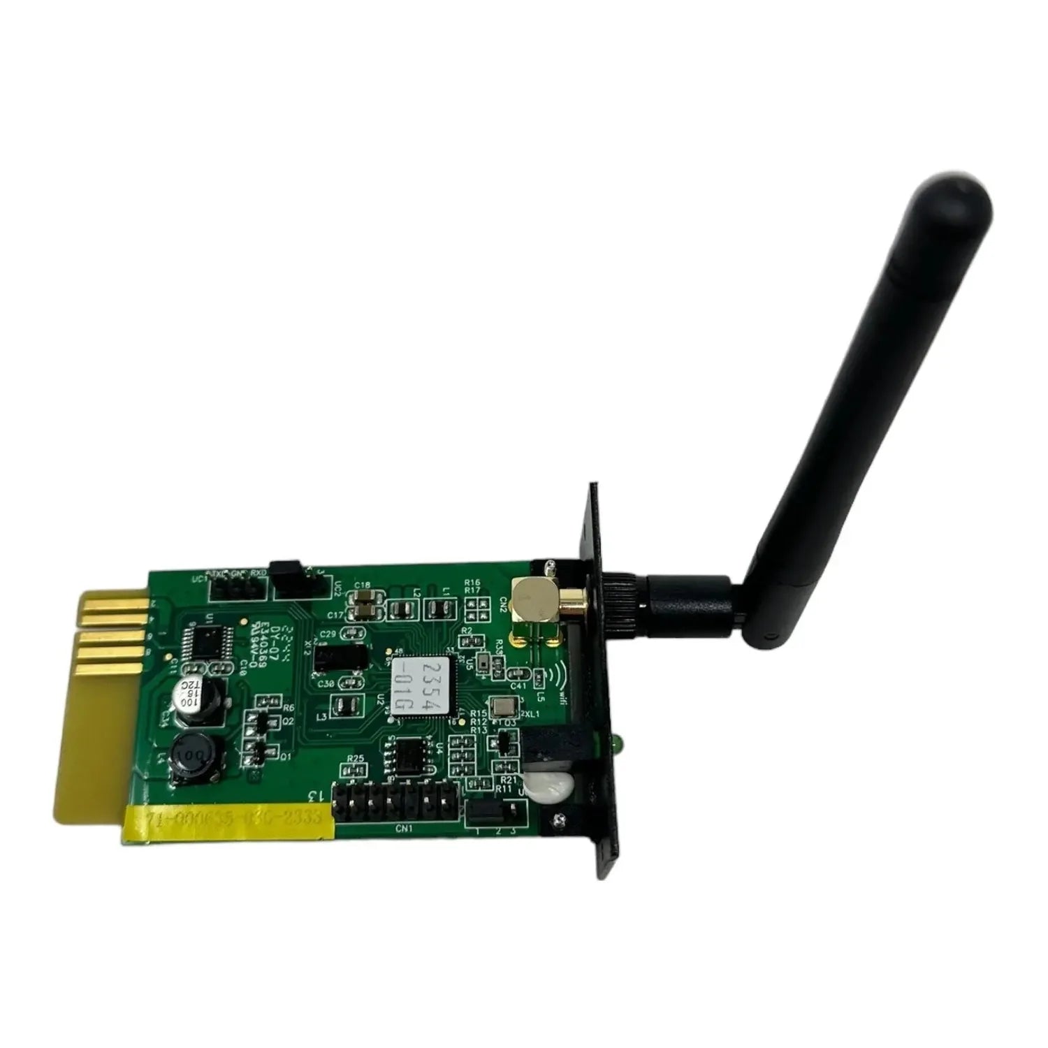 Wi-Fi monitoring card circuit board with external antenna for hybrid inverter, shown on white background.