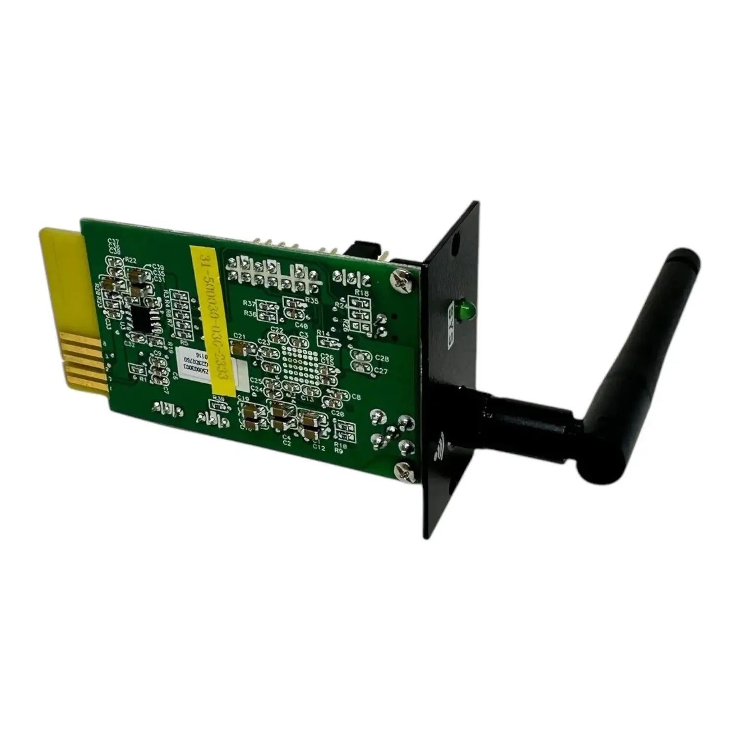 Green circuit board with yellow connector and black antenna bracket for Wi-Fi monitoring card.