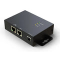 Black rectangular device with two Ethernet ports and one USB port, three status indicator lights, labeled for RS-485 and DC I
