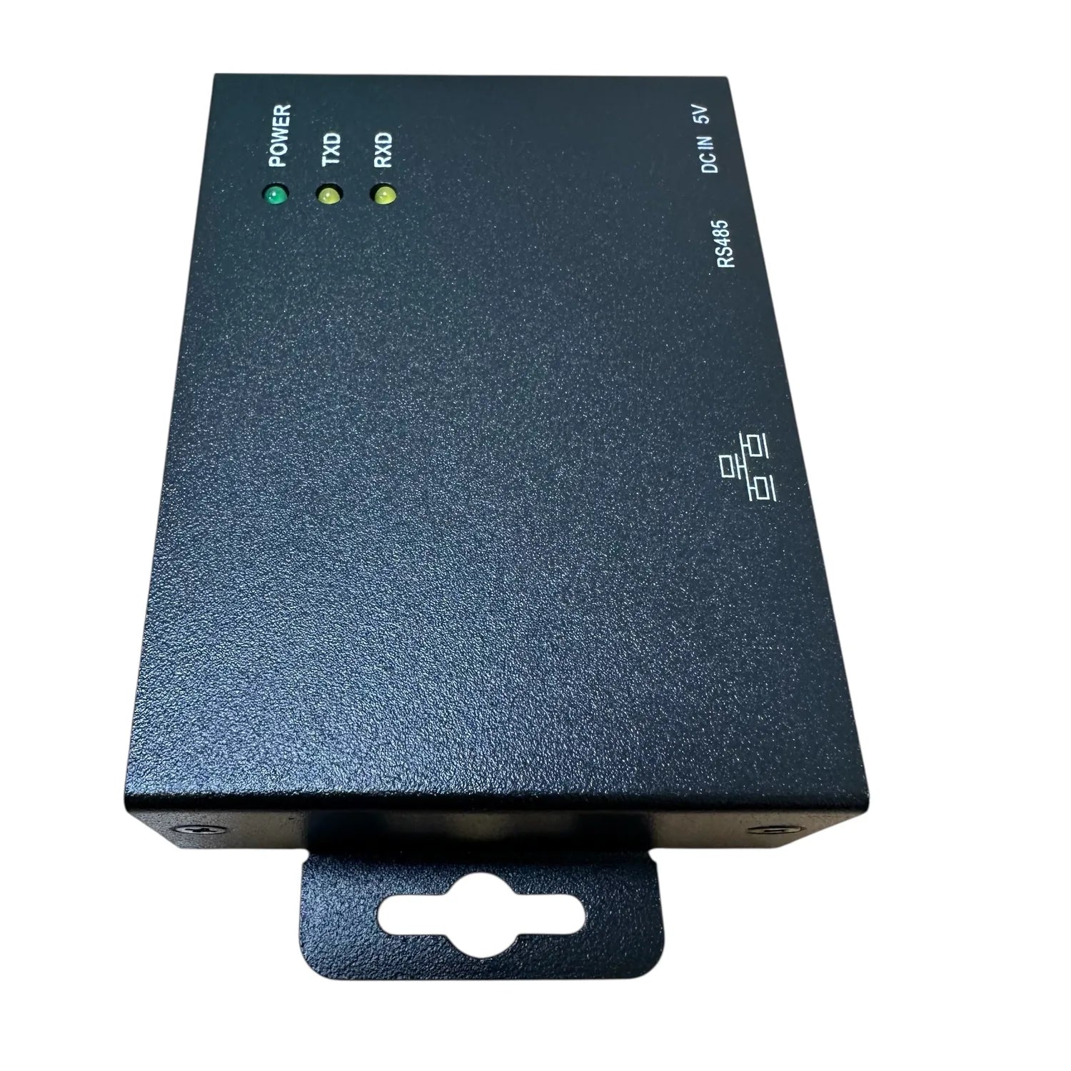 Dark rectangular monitoring device with three indicator lights labeled Power, TxD, and RxD, RS485 port marking, and wall-moun