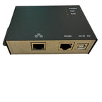 Black and tan industrial device with RS485 connector, three status LEDs, and 5V DC power input port, front view.