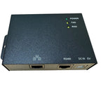 Dark rectangular networking device with three LED indicators labeled Power, TXD, and RXD, RS485 and DC IN 5V ports visible on