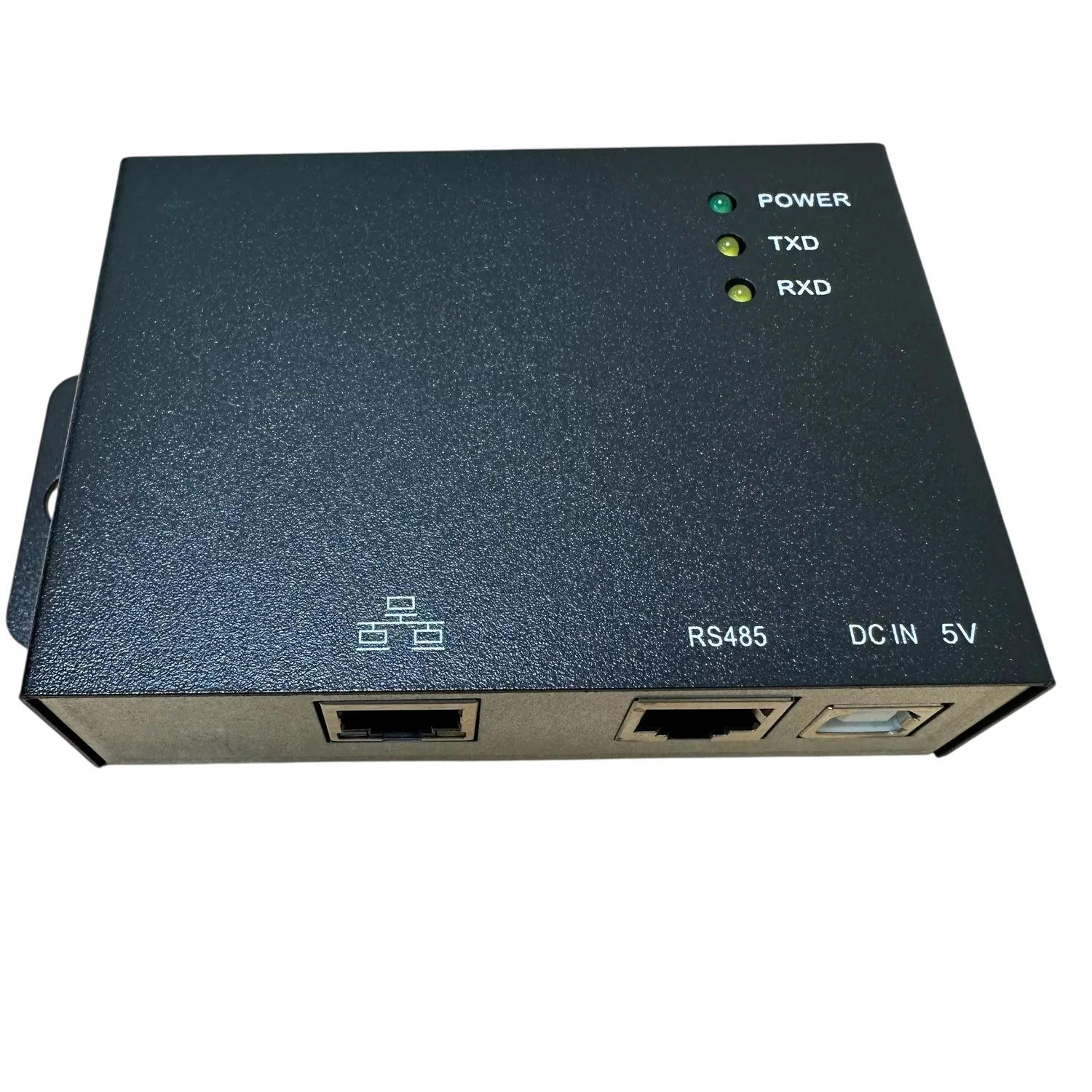 Dark rectangular networking device with three LED indicators labeled Power, TXD, and RXD, RS485 and DC IN 5V ports visible on