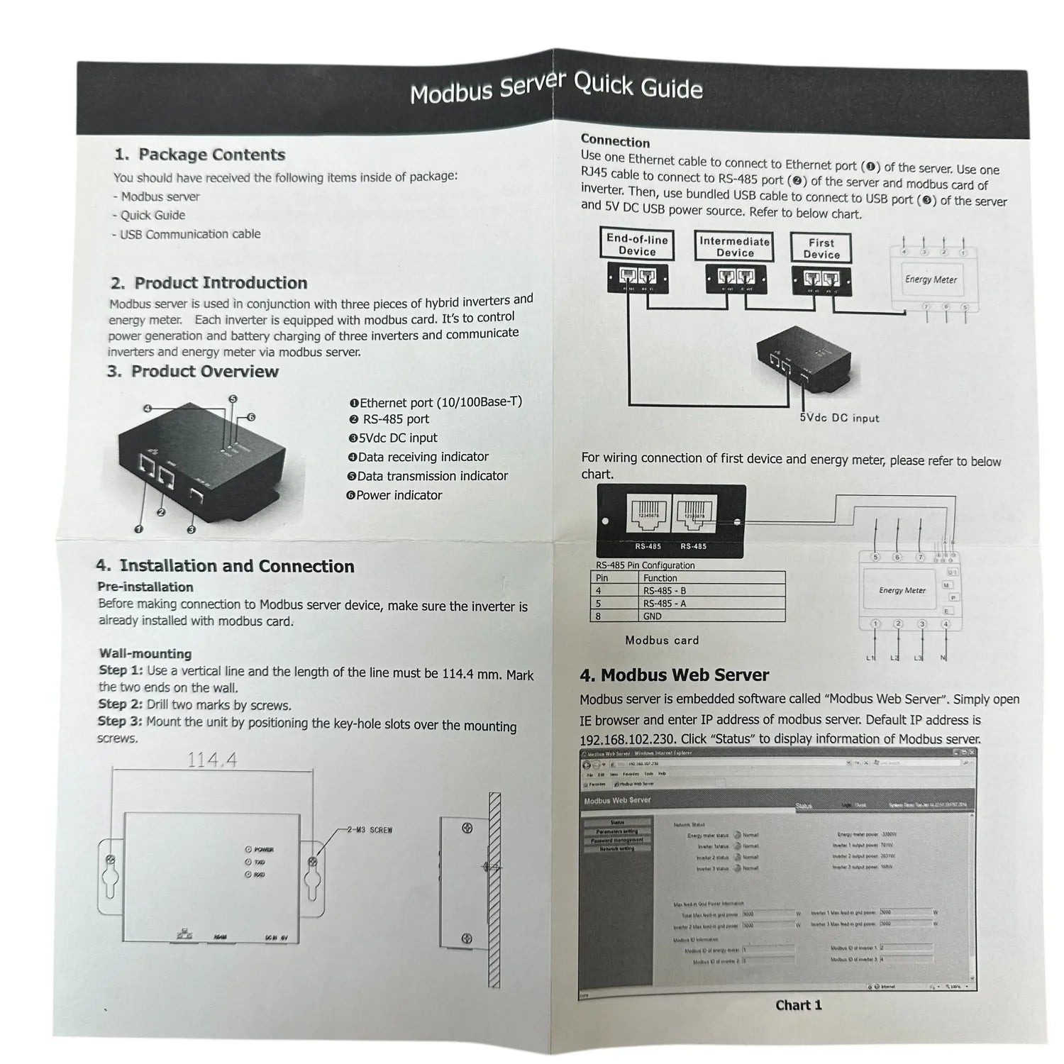 Modbus Server Quick Guide manual showing package contents, product introduction, installation instructions, wiring diagrams, 