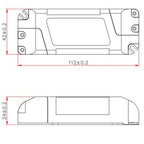 Technical dimension diagram of DALI Bus Power Supply showing top and side views with measurements 112±0.2 millimeters width a