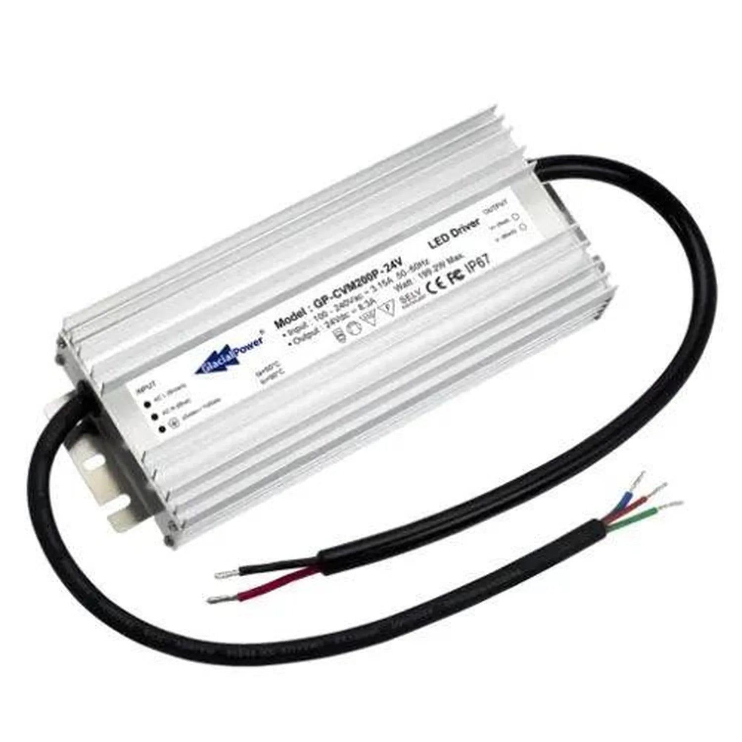 Glacial 200W 12V LED driver power supply with aluminum housing, black input and output cables, and visible certification labe