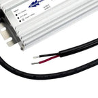 Glacial 200W 12V LED driver with aluminum housing, input terminals labeled, and black power cable with exposed black and red 