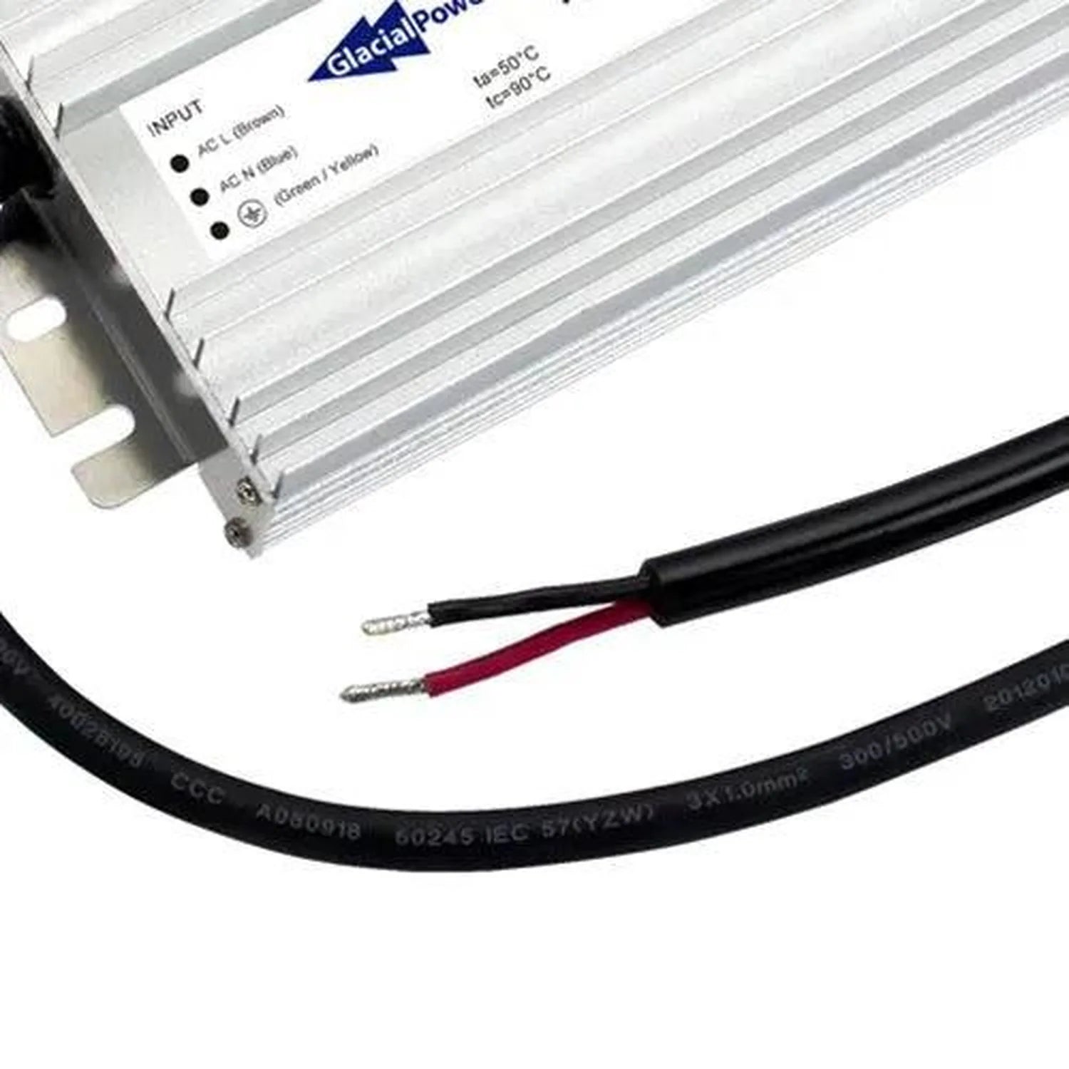 Glacial Power 24V LED driver with AC input terminals and temperature ratings, shown with black power cable and red wire conne