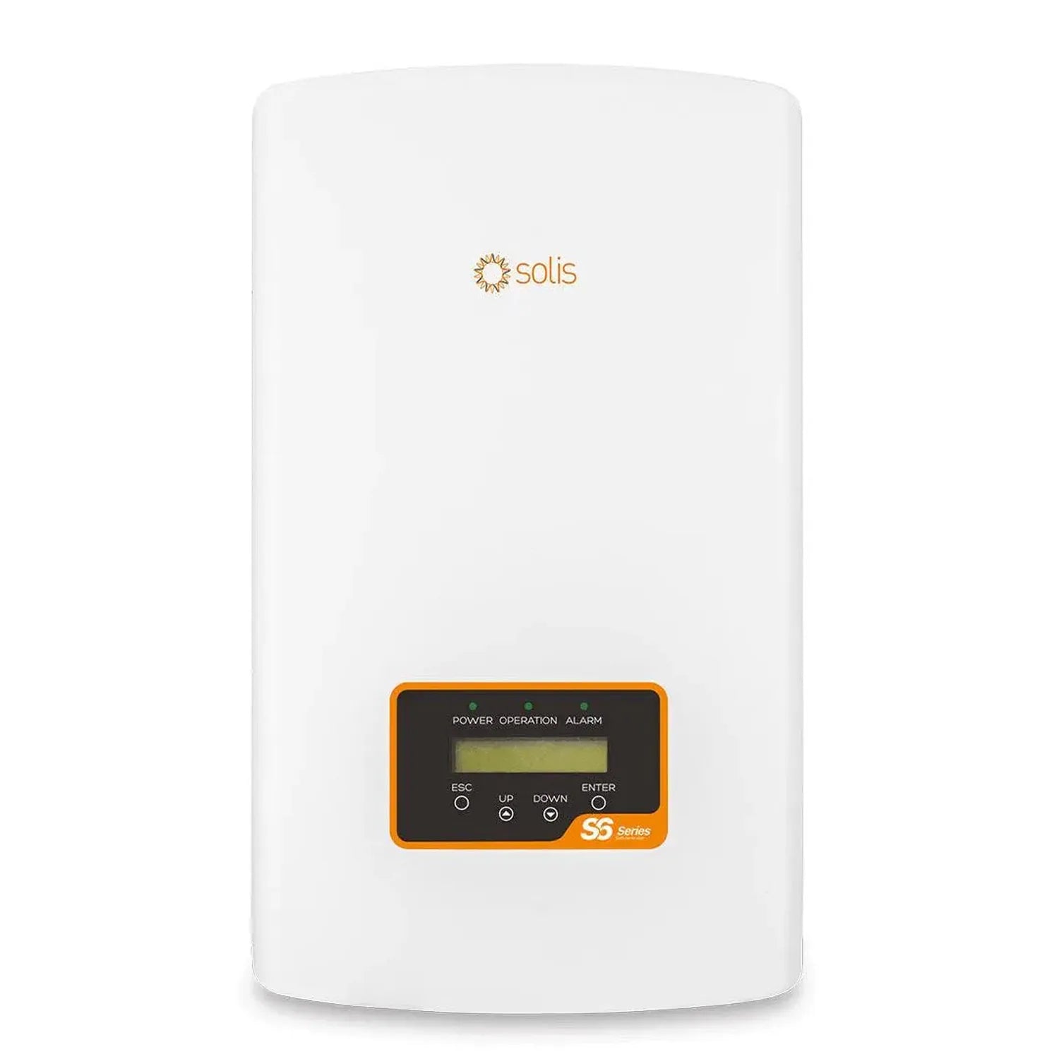 White Solis Mini Series grid-tie inverter with orange control panel displaying power, operation, and alarm indicators.