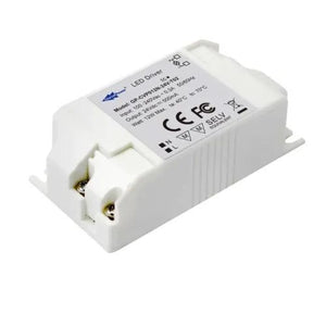 White rectangular LED driver with label, two terminal connectors visible, CE and FCC certification marks shown.