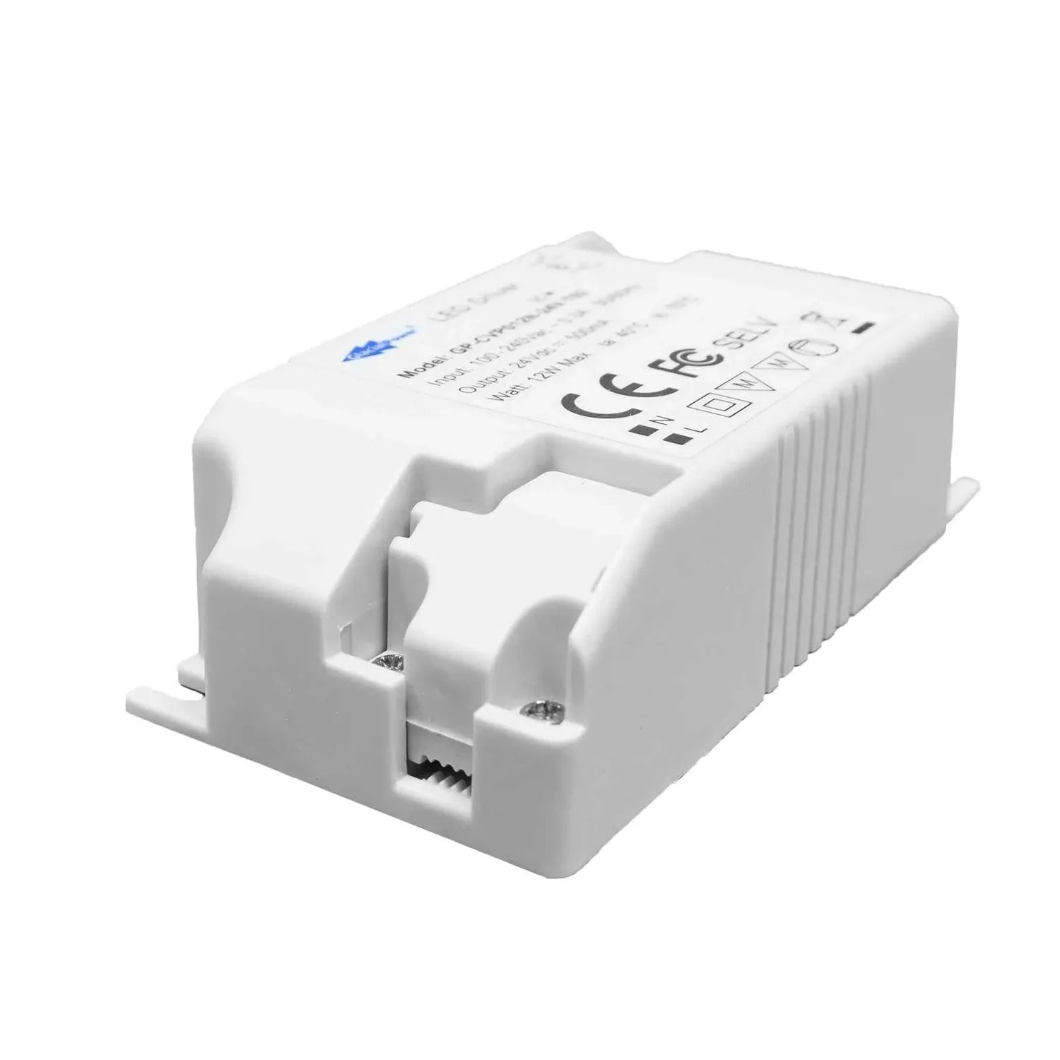 White compact LED driver with screw terminal connectors and regulatory markings visible on top surface.