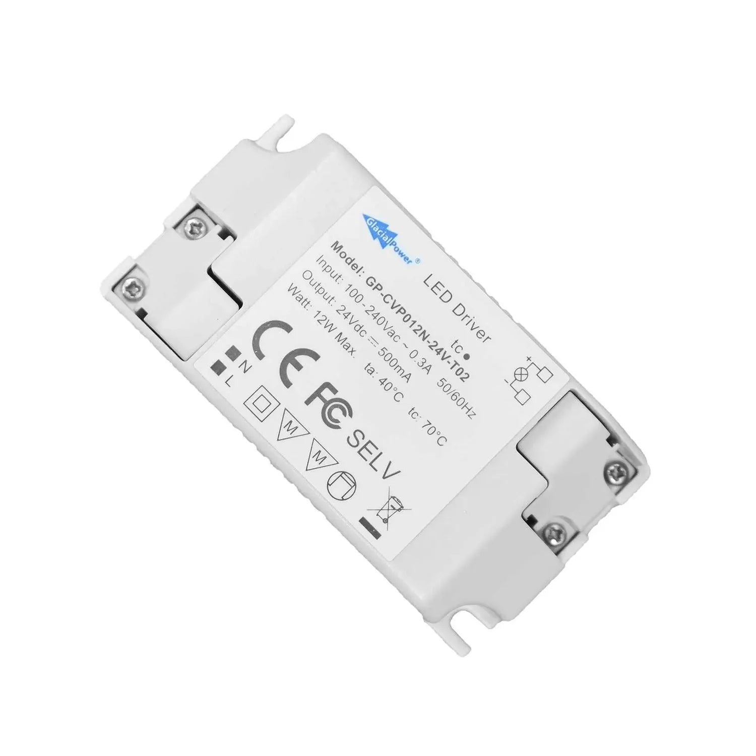 White LED driver power supply unit with screw terminals, CE marking visible, specifications label shown on front face.