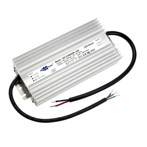 Glacial Power GP-CVM300P 24V LED driver with finned aluminum housing, input and output terminals, and attached black power ca