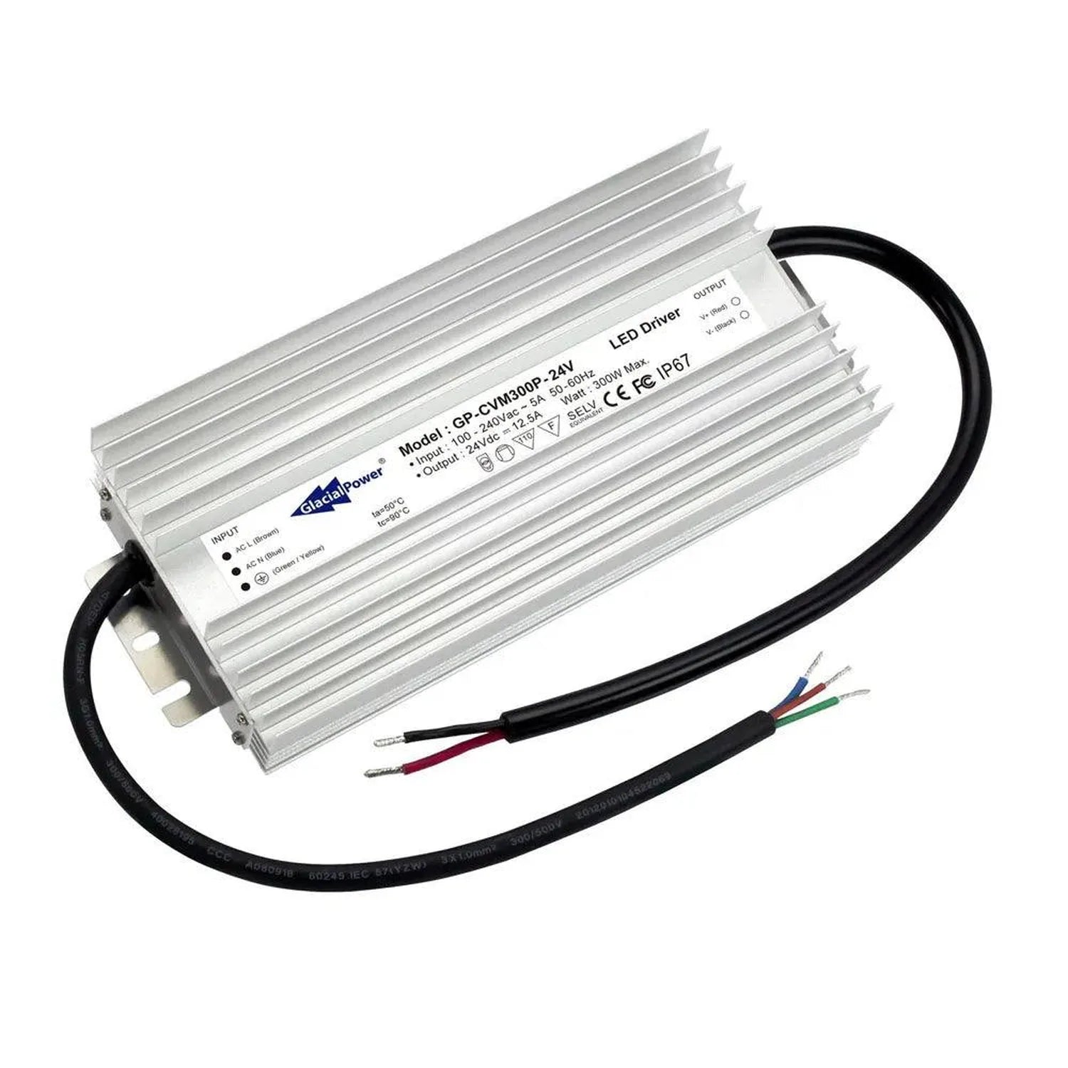 Glacial Power GP-CVM300P 24V LED driver with finned aluminum housing, input and output terminals, and attached black power ca