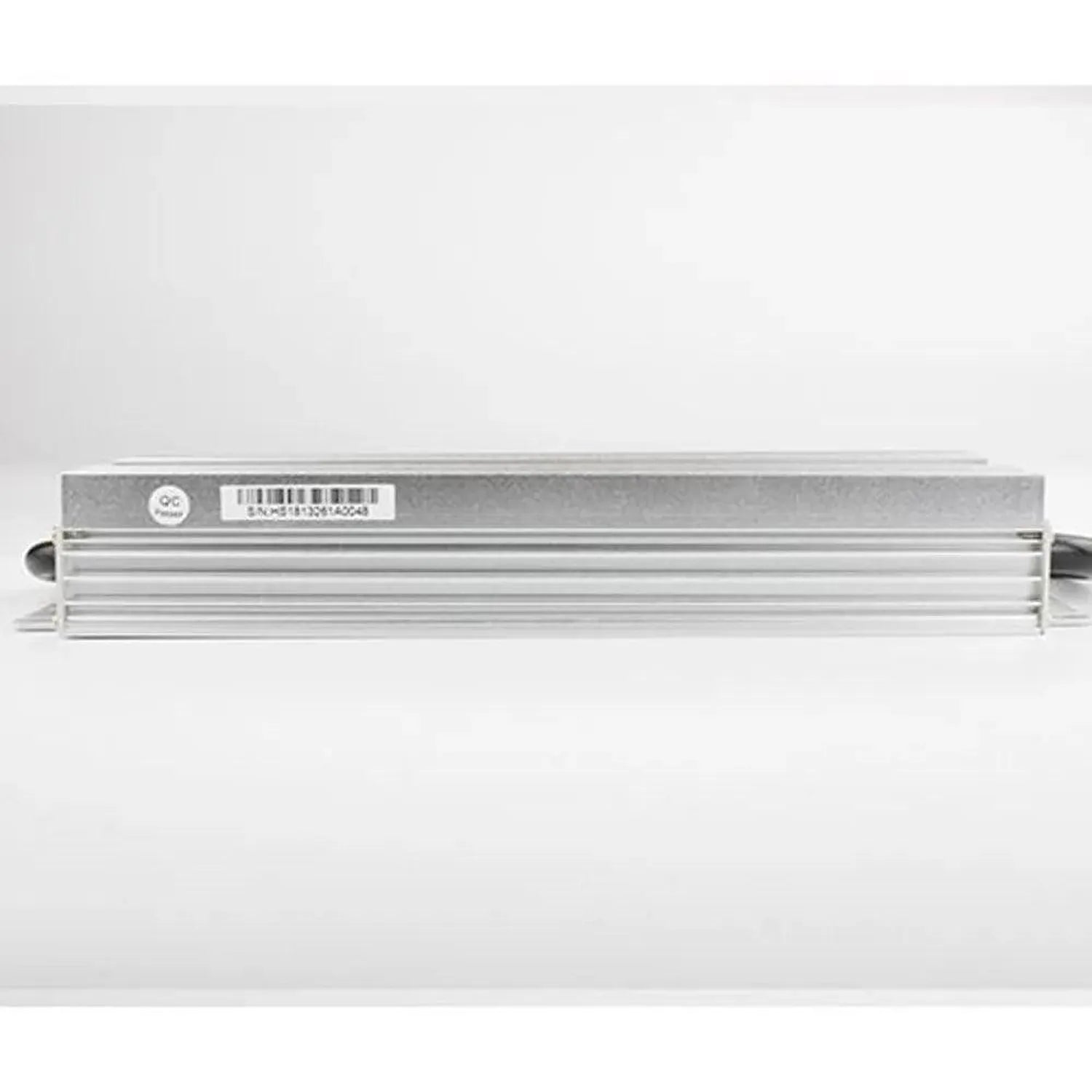 Glacial GP-CVM300P LED driver showing top view with aluminum housing, terminal connections, and barcode label.
