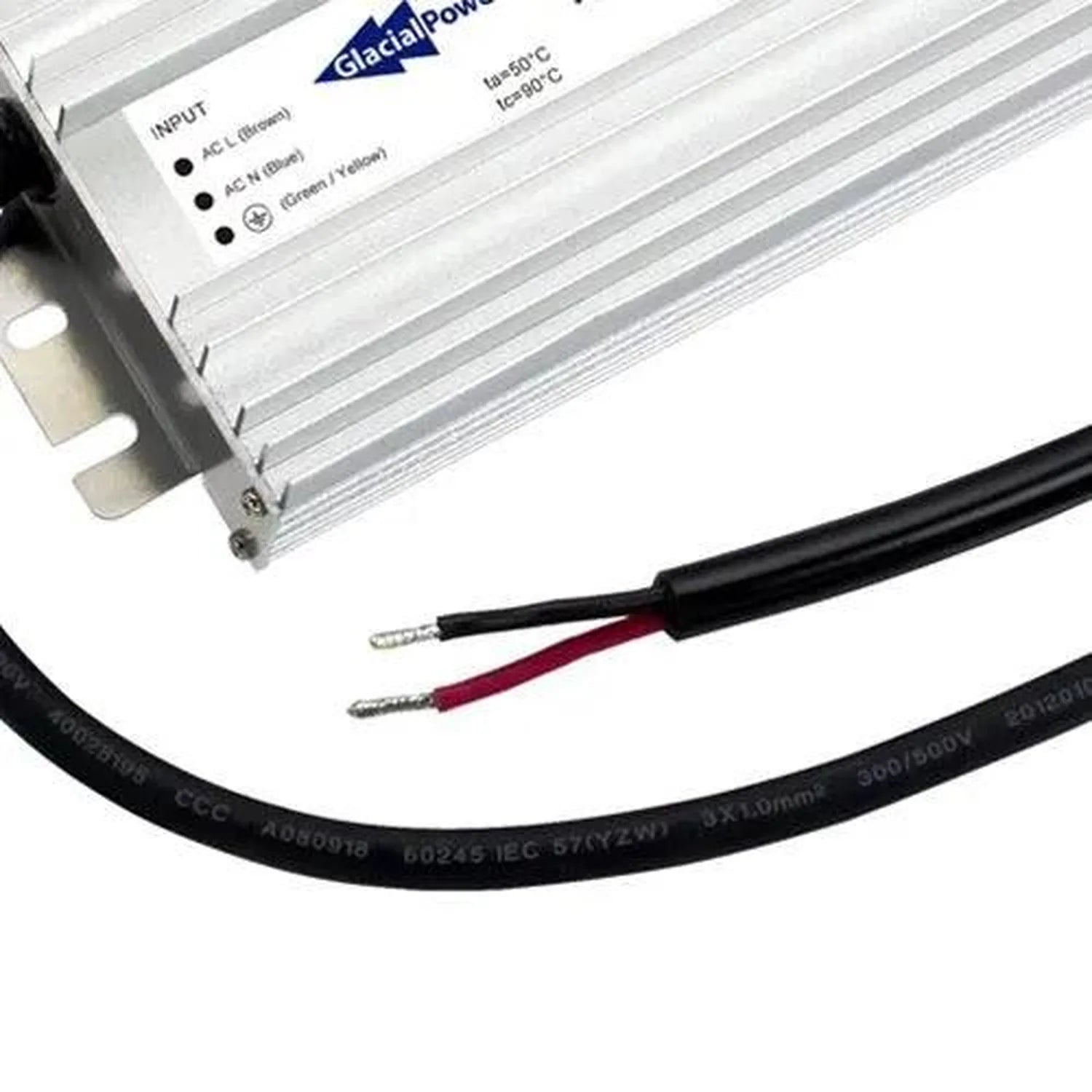 Glacial Power LED driver with aluminum housing, input terminals labeled, and attached black power cable with stripped red and
