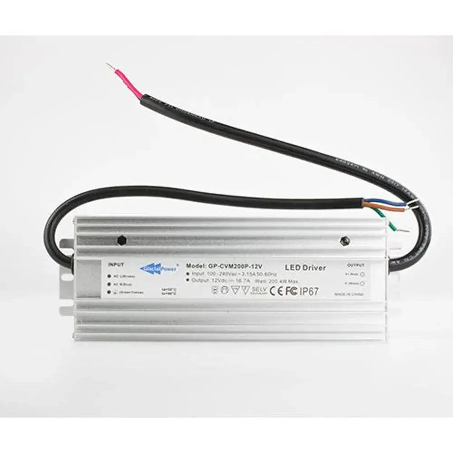 GP-CVM200P-12V LED driver with aluminum housing, input and output wires, IP67 rated power supply.